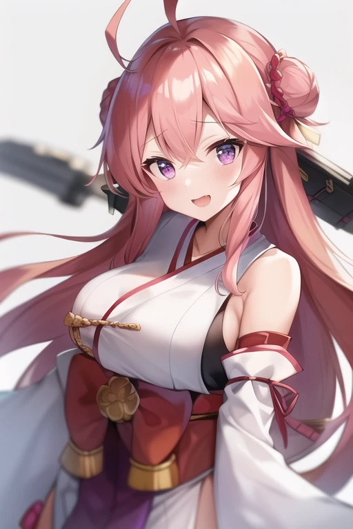 One girl, alone, Long Hair, King Kongu (Kantai Collection),Sakura Miko, Pink Hair, Double Bang, Purple eyes, Hair Bun, Ahoge, Open your mouth, Non-traditional Shrine Maiden, Removable sleeves, Brown eyes, White Background, (headgear):2, (Hair Bunド):2, smile, Sleeves edged with ribbon, Simple Background, kimono, Ribbon trim, View your viewers, username, Upper Body, Wide sleeves, :d, King Kong