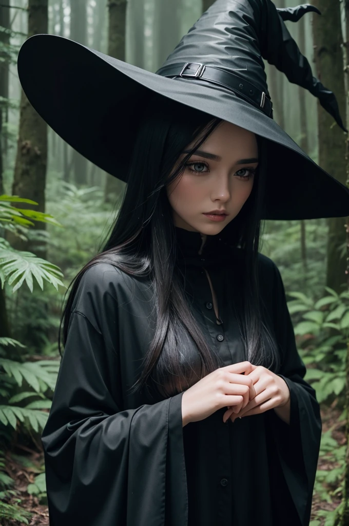 Witch in black in the middle of the forest with rain