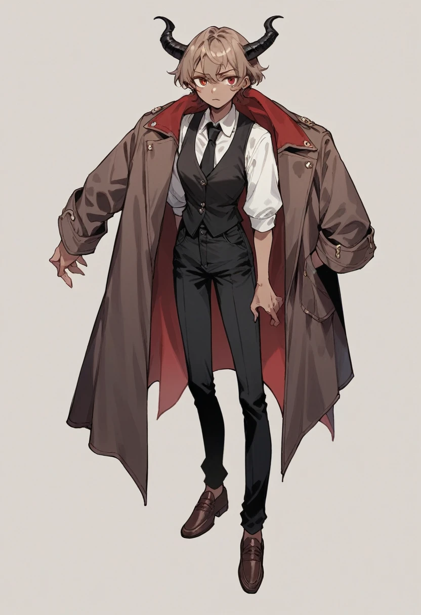 Solo Female, Time demon, Dark red short hair, wavy ends, Greyish-light brown skin color, red eyes with black skeral, Black horns, White shirt, black Tie , black trousers, burgundy coat, brown shoes,black vest