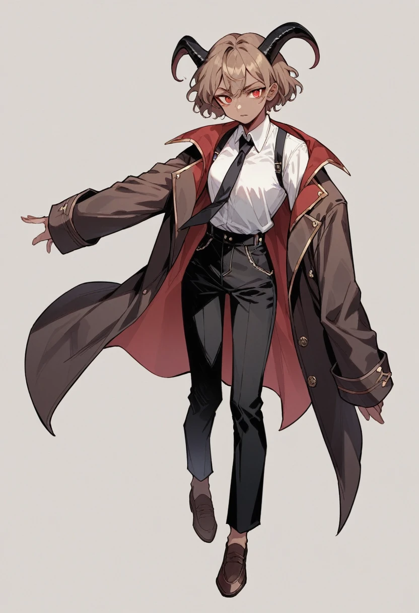 Solo Female, Time demon, Dark red short hair, wavy ends, Greyish-light brown skin color, red eyes with black skeral, Black horns, White shirt, black Tie , black trousers, burgundy coat, brown shoes,black vest
