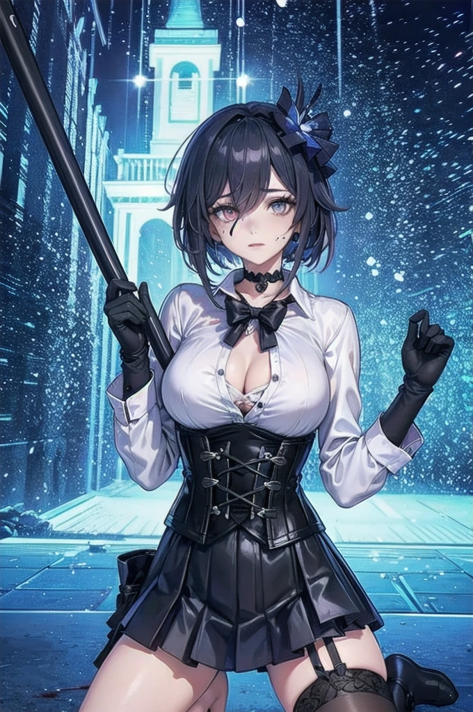 ((blood droplets)), ((blood)), ((blood splatter)), ((blood on clothes)), ((blood stain)), Masterpiece, Beautiful art, professional artist, 8k, Very detailed face, Detailed clothing, detailed fabric, 1 girl, Soul Fullness \(Honkai Impact 3rd\), front view, kneeling, BIG BREASTS, perfectly drawn body, shy expression, pale skin, beautiful face, short dark blue hair, 4k eyes, very detailed eyes, pink cheeks, choker:1.6, (white long sleeve button down shirt with white collar), black gloves, gloves that cover hands, (holds an ax with his right hand), (black leather corset), (shiny black tight mini skirt), Sensual Lips , winter night, show details in the eyes, looking at the viewer, dark forest, Atmosphere, fog, At night