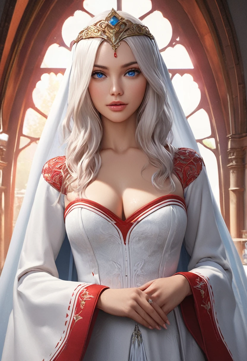 (best quality,4k,8k,highres,masterpiece:1.2), ultra-detailed, (realistic,photorealistic,photo-realistic:1.37),((Highly detailed CG Unity 8k wallpaper)), masterpiece, Super detailed, floating, High resolution, Sexually suggestive, (small, Extremely long white hair, Princess, White Mage, blue eyes, (It has long, wide sleeves and intricate embroidery. A gorgeous layered long dress in white and red with a sheer look), Bridal Veil, Circlet, Bridal Gauntlet, Blushing, shy, arched back, Frilled petticoat, Glamorous corset,