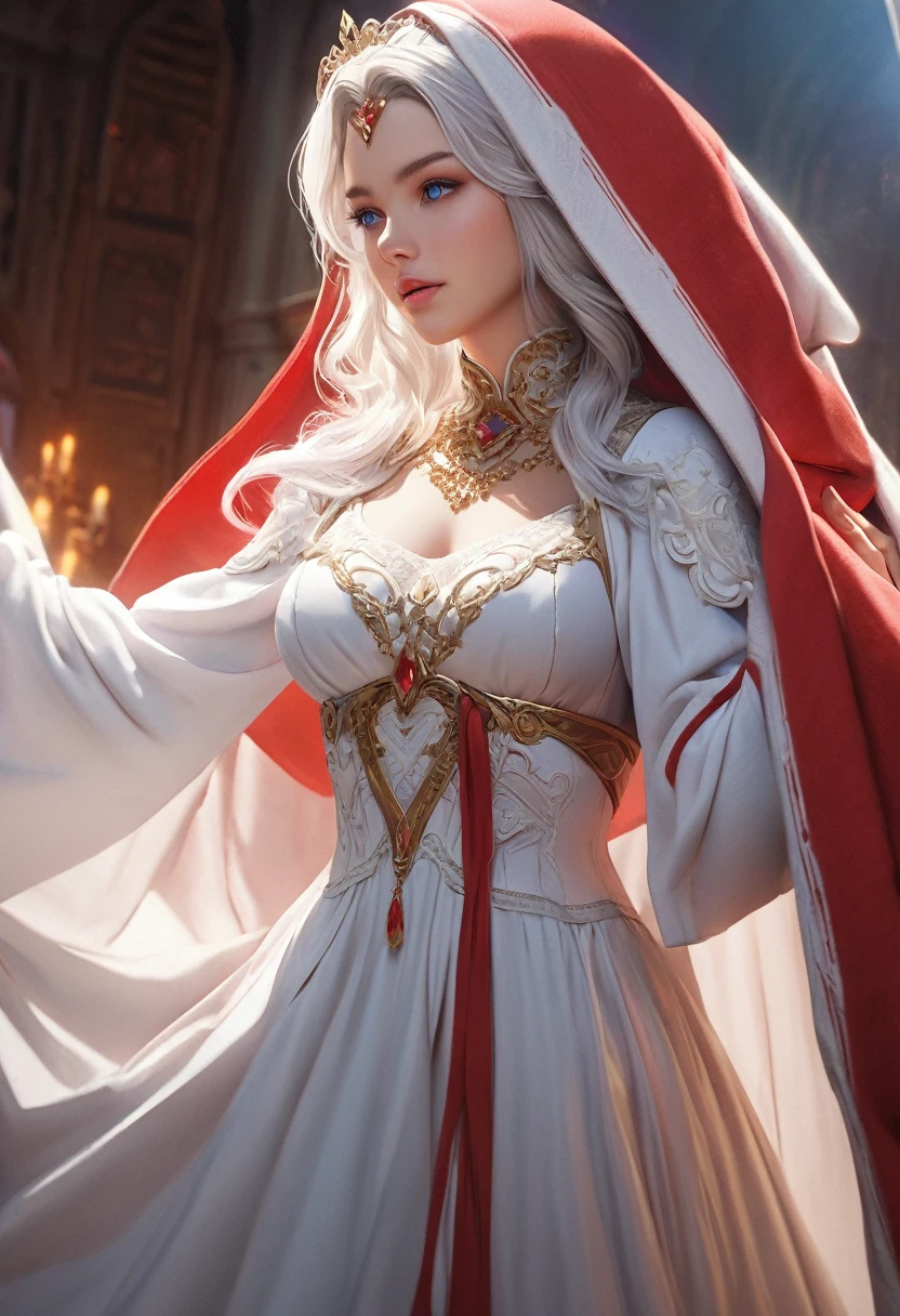 (best quality,4k,8k,highres,masterpiece:1.2), ultra-detailed, (realistic,photorealistic,photo-realistic:1.37),((Highly detailed CG Unity 8k wallpaper)), masterpiece, Super detailed, floating, High resolution, Sexually suggestive, (small, Extremely long white hair, Princess, White Mage, blue eyes, (It has long, wide sleeves and intricate embroidery. A gorgeous layered long dress in white and red with a sheer look), Bridal Veil, Circlet, Bridal Gauntlet, Blushing, shy, arched back, Frilled petticoat, Glamorous corset,