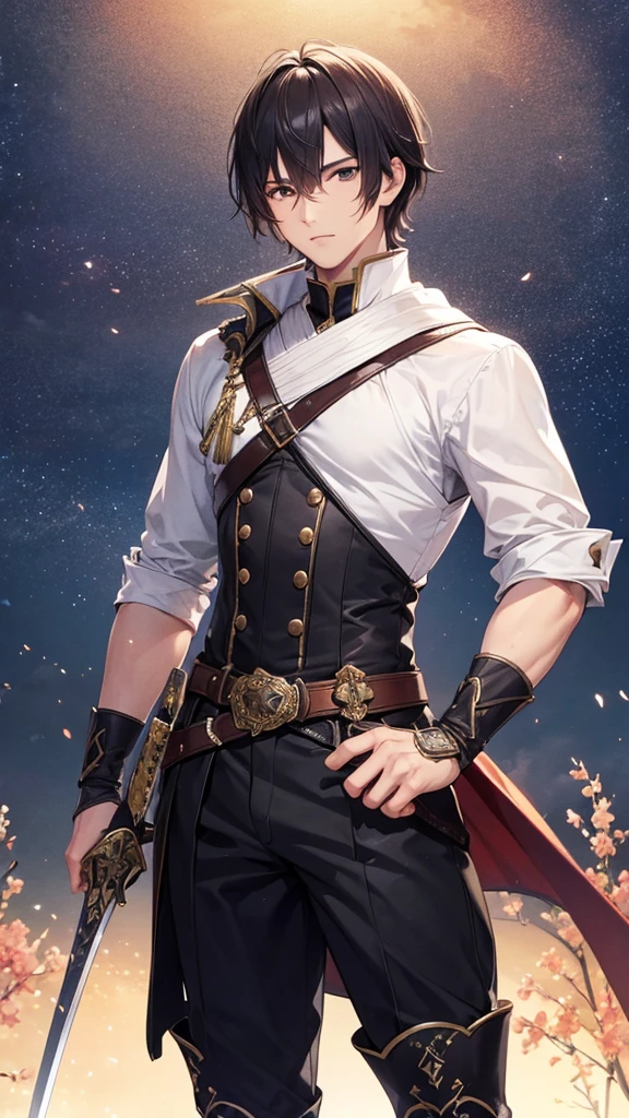 (Best Quality、High resolution、Image clarity:1.2)、 (male:1.2)、solo、maleフォーカス、Ultra-detailed backgrounds、Beautiful man standing with a sword、Traveler&#39;s Clothes、boots、ハンサムなmale、Powerful、(Strong eyes) 、Black Hair、 Hair Detail, semi-long、Part your hair,Wide-open eyes、Beautiful Eyes、double eyelid、Double eyelids、Highest quality、high detail、Long Hair、Hair tied up