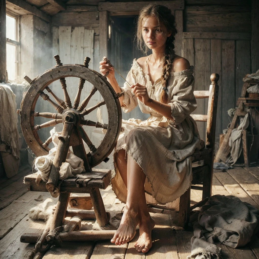 A Russian Girl Is A Serf Peasant, A Poor Girl , Barefoot , In A Torn Peasant Shirt , A Patched Sundress Dirty , Sweaty Hair In One Braid, Tanned , With Weathered Skin, Sweat Flows , Summer, Hot,Works In A Corvee , Hyperrealism A Lot Of Details, Clarity And Realism, Without Extra Limbs And Fingers
