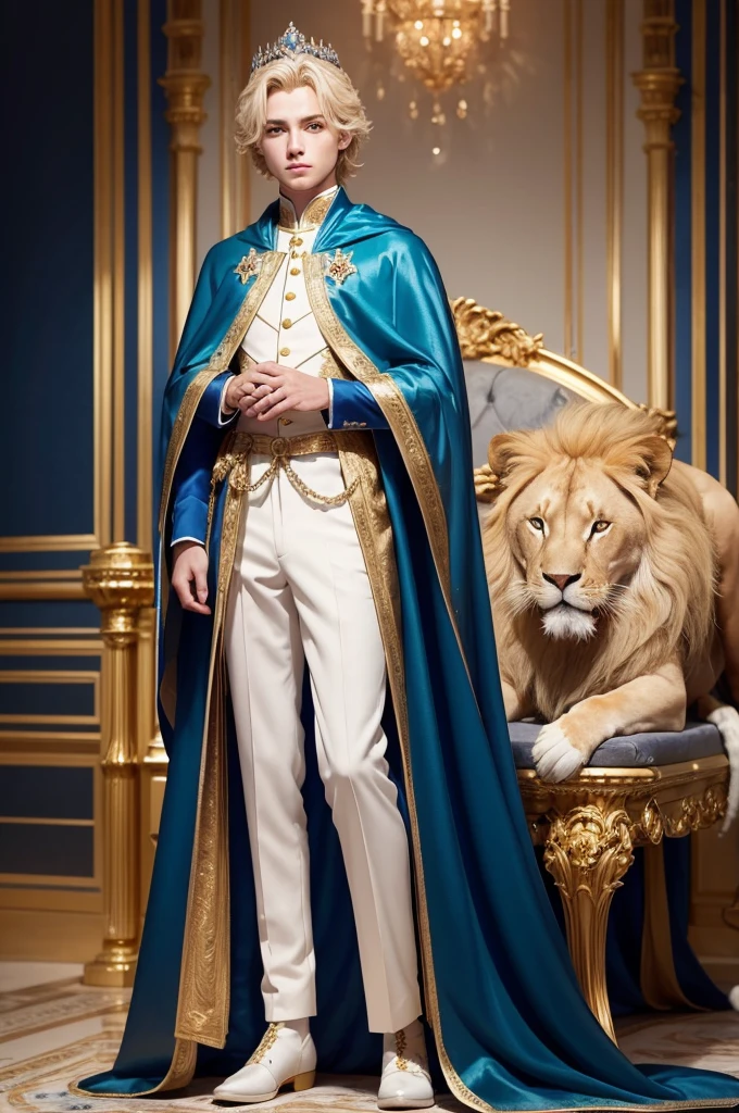 A boy with fair skin and blond hair, with vibrant turquoise eyes, is wearing a royal outfit for a ceremony. He wears a deep blue velvet robe, embroidered with golden threads and adorned with precious stones, That shine in the light of torches. Your cloak is made of rich silk, lined with satin, and is attached by a gold brooch in the shape of a lion. His shoulders are covered by a white ermine cape, symbolizing purity and power. in the head, he sports a small silver crown, delicately inlaid with sapphires, which highlights your stunning eyes even more. on the feet, He wears polished black leather boots, that complete its majestic and imposing look.