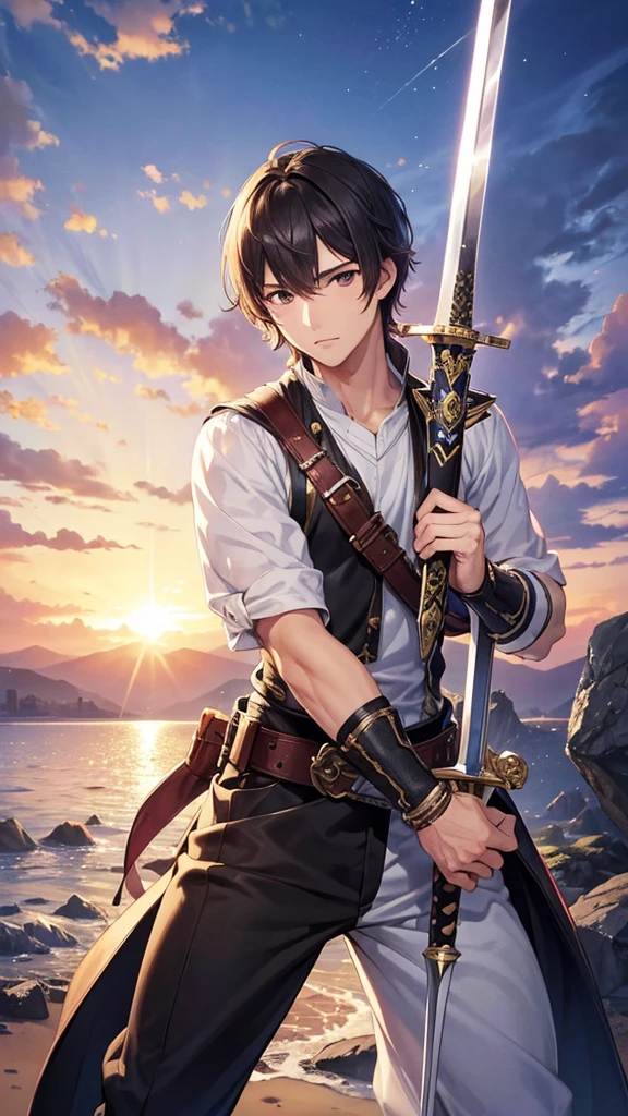 (Best Quality、High resolution、Image clarity:1.2)、 (male:1.2)、solo、maleフォーカス、Ultra-detailed backgrounds、Beautiful man standing with a sword、Traveler&#39;s Clothes、boots、ハンサムなmale、Powerful、(Strong eyes) 、Black Hair、 Hair Detail, semi-long、Part your hair,Wide-open eyes、Beautiful Eyes、double eyelid、Double eyelids、Highest quality、high detail、Long Hair、Hair tied up