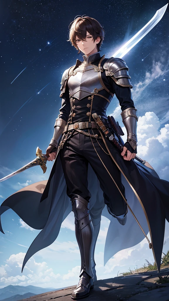 (Best Quality、High resolution、Image clarity:1.2)、 (male:1.2)、solo、maleフォーカス、Ultra-detailed backgrounds、Beautiful man standing with a sword、Traveler's Clothes、boots、ハンサムなmale、Powerful、(Strong eyes) 、Black Hair、 Hair Detail, semi-long、Part your hair,Wide-open eyes、Beautiful Eyes、double eyelid、Double eyelids、Highest quality、high detail、Long Hair、Hair tied up