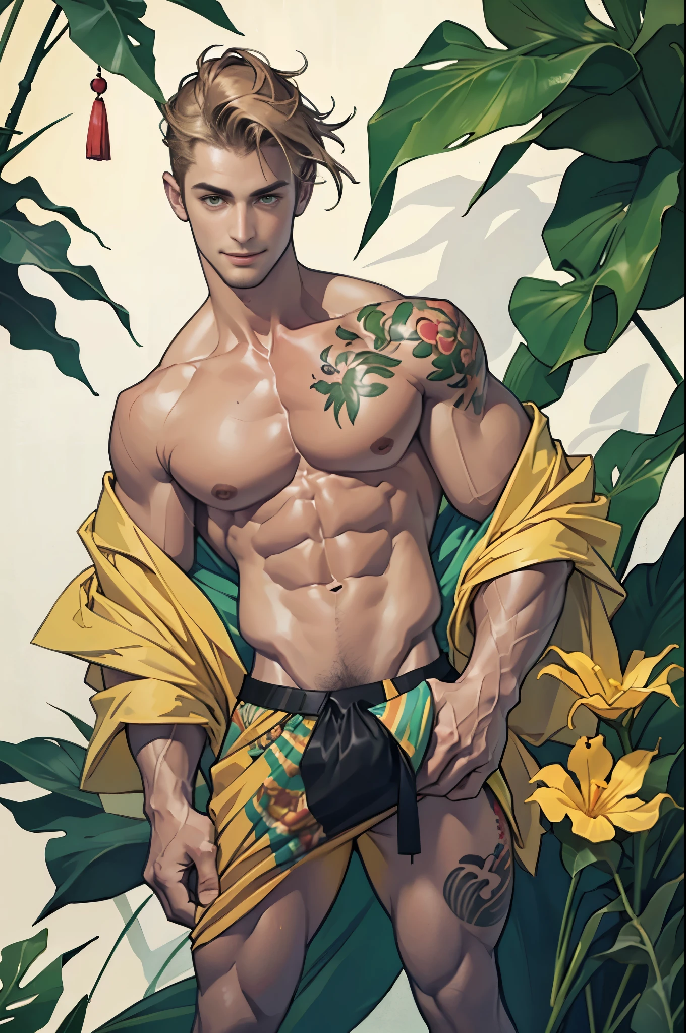 A handsome tall man standing, He is 28 years old，Thin waist，The pectoral muscles are well developed, He is 175cm tall，Weight 62 kg、yellow-green eyes、brown hair color、short hair、Shirtless、underwear、looking into camera，Smile，Rainforest，Tropical plants，Many colorful tropical flowers，tattoo，accessories，looking into camera，Smile