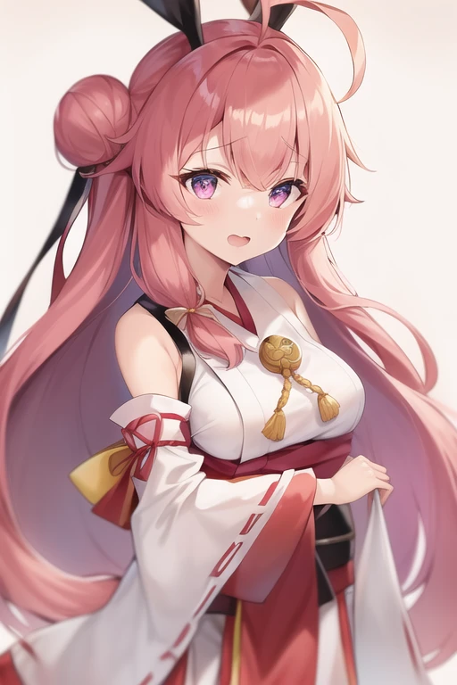 One girl, alone, Long Hair, King Kongu (Kantai Collection),Sakura Miko, Pink Hair, Double Bang, Purple eyes, Hair Bun, Ahoge, Open your mouth, Non-traditional Shrine Maiden, Removable sleeves, Brown eyes, White Background, (headgear):2, (Hair Bunド):2, smile, Sleeves edged with ribbon, Simple Background, kimono, Ribbon trim, View your viewers, username, Upper Body, Wide sleeves, :d, King Kong