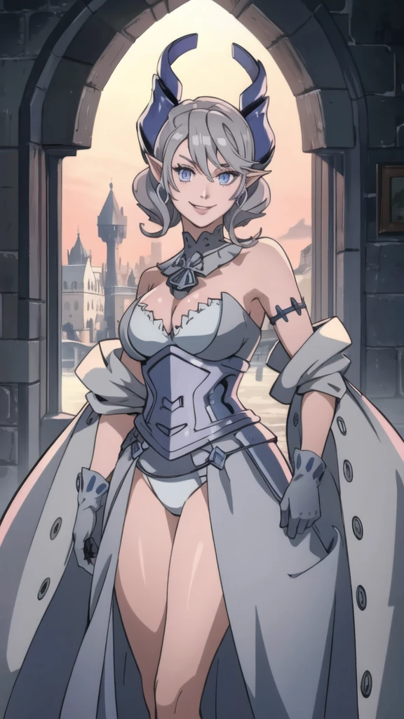 Beautiful arts wallpaper Sunset Outside castle top  High level image quality　best image quality　8K　 adult woman   silver castle outside  more colors   whole body view　portrait　 bikini blue   　horn    ears  　short hair（（shortcut）（gray hair）（perm）（fluffy））　eye color is blue ,  , 　attractive evil face , smile   ,  heroic stance   ,  labrynth ,  barearm  ,gloves   , wearing pink   , standing , 