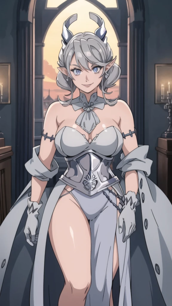 Beautiful arts wallpaper Sunset Outside castle top High level image quality best image quality 8K adult woman silver castle outside more colors whole body view portrait bikini blue horn ears short hair((shortcut)(gray hair)(perm)(fluffy)) eye color is blue , , attractive evil face , smile , heroic stance , labrynth , barearm ,gloves , wearing pink , standing ,