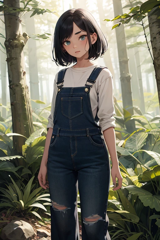 A girl with an oval face, slanted eye, black hair, light eyes, normal eyebrows, small nose, normal body and wearing full-length overalls in a forest 