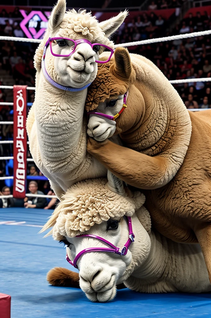 Alpaca with glasses in wrestling ring fights against unicorn with breasts