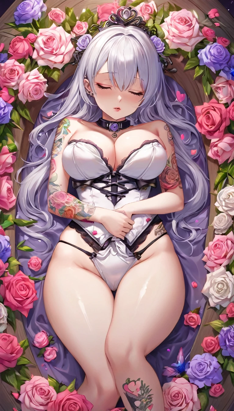 {{{{{16k}}}}}, {{{{{transforming a pure corpse girl into her facial rank and tits rose to the SSS rank of top-notch pretty actresses, She is laid on an coffin of flowers bouquets of flowers are stabbed all over her body and her body becomes more curvy, she is turned into a cutesy flower arrangements, she sleeps and she lost her life the moment she is fully asleep the flower glows absorbs her life blooms more cutely and transforms her corpse into something lovely and capable of eternal necrophilia, Each time she was necrophiliac her tattoos increased the tattoos her waist and underbust became thinner, her breasts become even larger and deeper with cleavage, Her hair is replaced by a bang long glossy very Straight hair, A 10-years-old young girl who was supposed to have died, but was injected with more and more female hormones and Reproduce as underbust and topbust firmness lasciviousness 18-years-old virgin nudity girl of the expression dyed in bewitching eroticism, Grown bodies are reproduced with cheeks so vivid and lips so thick and dark that it is hard to believe they are sexually knowledgeable and sexy looking corpses, She is fitted with a heart collar that puts people into eternal sleep which transforms her into a cute once-in-a-millennium narcotic flower arrangement that becomes her too-cute corpse}}}}},{{Extremely detailed}},{{{{{integrated her head pure small, All the fat from her limbs and waist will move to her swinging tits and slender limbs, Enchanting Too thick and erotic lips, Her thickened lips shimmer with luster, A cutely girl's soul-draining white eyes}}}}},{{{{{Her tattoos spread all over her body, She is tattooed with lewd flowers on her neck, arms, lower abdomen, thighs, Flower piercings are attached all over her body}}}}}