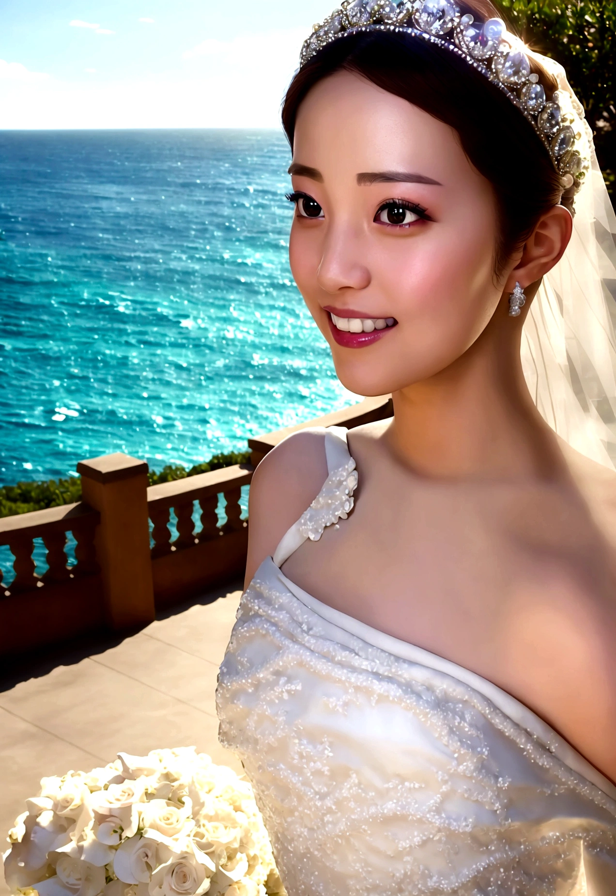 (Highest quality, Tabletop:1.2), (Realistic:1.3), (非常にDetailed Background, Detailed Background), Bokeh,Shooting from the side,  ((Large Breasts:0.8)), [[valley]],(Princess line wedding dress:1.3),(((One Shoulder:1.3))), Bridal Tiara, Bridal Veil, Bridal Gauntlet,  Upper Body, (Wedding venues near the sea:1.2), smile, 胸のvalley間