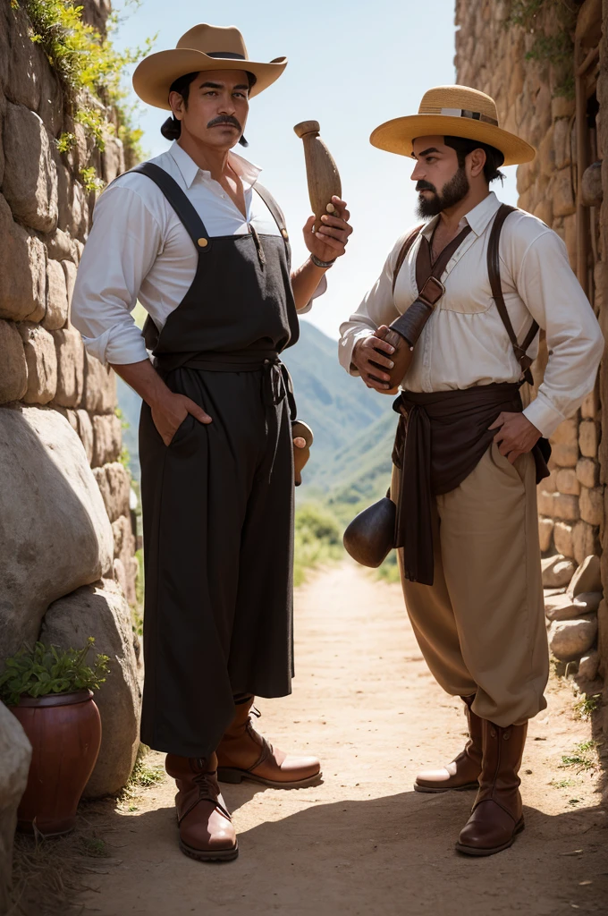 Draw a scene where the Nintendo character Mario is depicted as a Gaucho. He is standing, holding a gourd (cuia) of chimarrão. The background of the image is light and clean, with Mario in the foreground. He is dressed in typical Gaucho attire, wearing a brown hat, brown boots, and black pants.