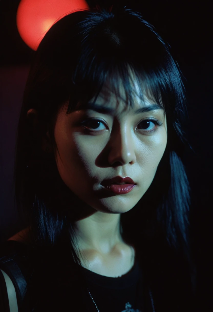 realistic, analog style, VHS style, 8mm film, Chromatic aberration, DVD screengrab, 80s movie, Cinematic lighting, Yumi tsu, Live portrait photography, Contemporary photography, Gothic style of dark intensity, Aesthetics of the photo, Light Black, Chinese punk, slim, Karenkor, high detail, realistic shadow, In move, movie yet, double light