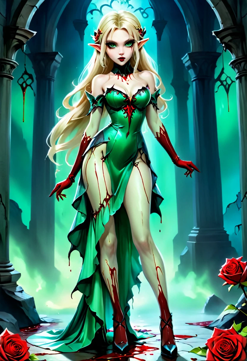 Dark fantasy art, fantasy art, goth art, a picture of the elf Princess Zelda as vampire, exquisite beauty, full body shot, dark glamour shot, pale white skin, blond hair, long hair, wavy hair, (glowing green: 1.3) eyes, she wears a (green: 1.3) intricate glamour dress, blue thigh high heeled boots,((blood stains: 1.3)),  roses vibrant, Ultra-high resolution, High Contrast, (masterpiece:1.5), highest quality, Best aesthetics), best details, best quality, highres, ultra wide angle, 16k, [ultra detailed], masterpiece, best quality, (extremely detailed), Dark Art Painting Style, Blood_Covered