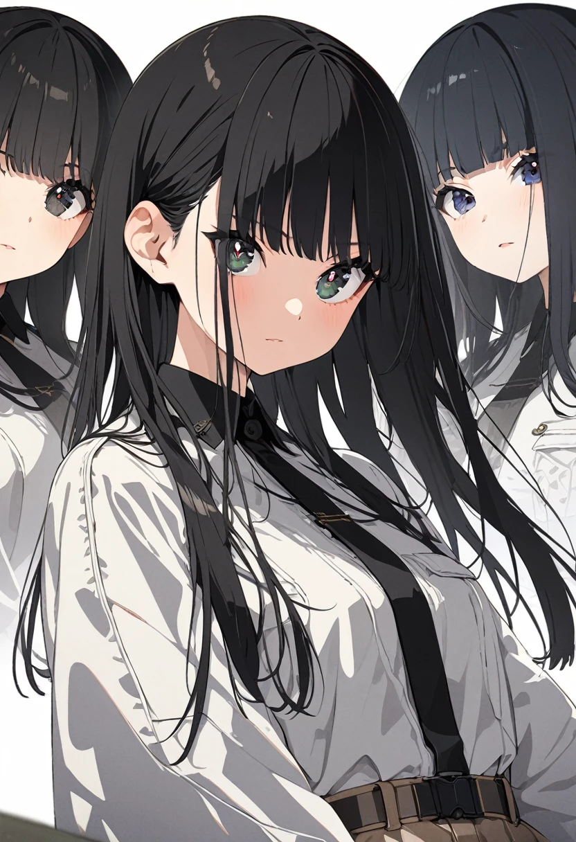 Super detailed,(Highest quality),((masterpiece)),(High resolution),original,Highly detailed 8k wallpaper,(Very delicate and beautiful),Highest_hand,anime,Black Hair,Long Hair,Neat bangs,Straight Hair,ponytail,流行のcute女の子,black eye,Black short-sleeved clothing,White trousers,cargo pants,cool,Stylish,流行のStylish,cute,Upper body only,Beautiful pupils,One Girl,Only 1 person,White background