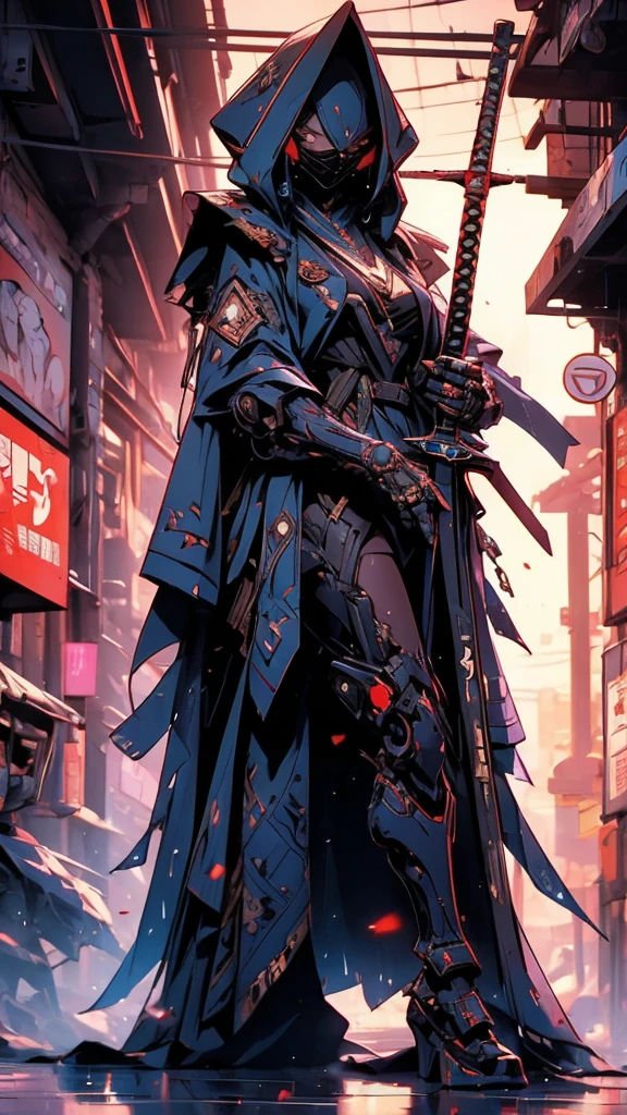 A nomadic robot, in the desert, wearing a disheveled shawl, holding a staff, wearing a large metal hat, rough, rusty, dusty body, thin frame, tall, cyberpunk, Cyborg., Session surreal version of a woman kneeling down on one leg holding a sword in her hand, very beautiful cyberpunk samurai, anime cyberpunk art, cyberpunk samurai, cyberpunk anime art, cyberpunk anime, cgsociety 9, technical cyberpunk anime art number, style of maciej kuciara.1girl, samurai armor, devil mask helmet, intricate, detailed ornaments, cool colors, metallic, Egyptian details, extremely intricate details, luster realistic lighting, trends in cgs society, glowing eyes, facing camera, neon details, surreal details, full body portrait, Japanese atmosphere, global illumination, shadows, rendering octane, 8k, super sharp. cool lolita.
