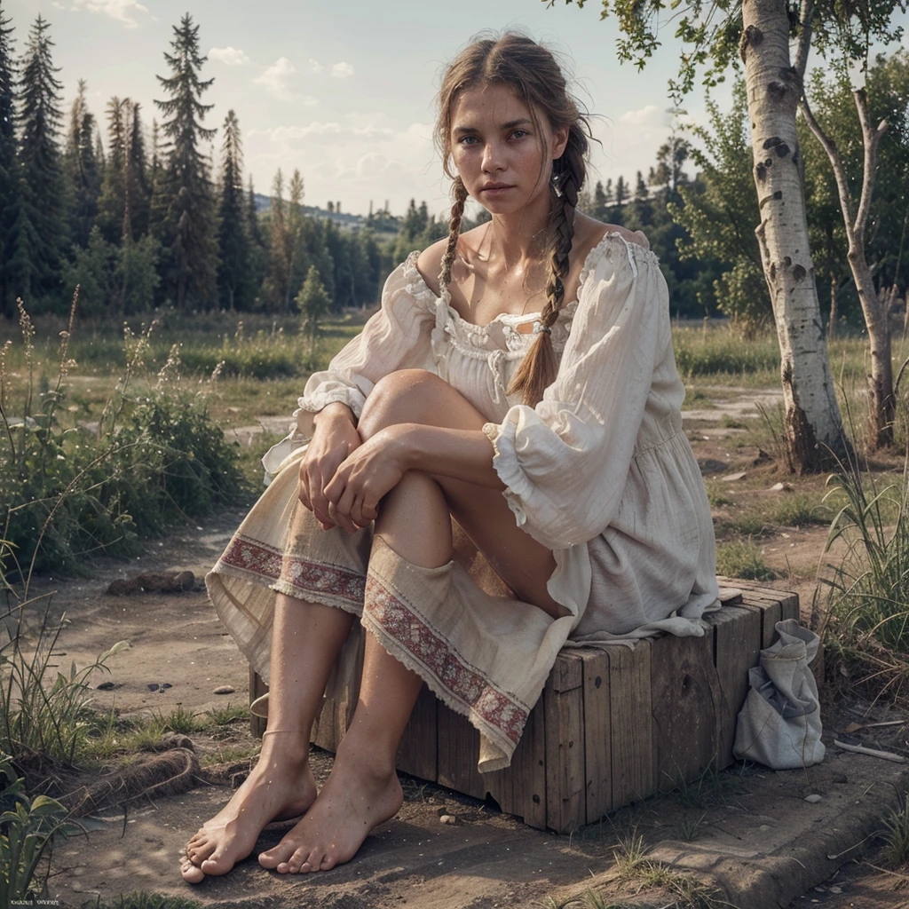 A Russian Girl Is A Serf Peasant, A Poor Girl , Barefoot , In A Torn Peasant Shirt , A Patched Sundress Dirty , Sweaty Hair In One Braid, Tanned , With Weathered Skin, Sweat Flows , Summer, Hot,Works In A Corvee , Hyperrealism A Lot Of Details, Clarity And Realism, Without Extra Limbs And Fingers