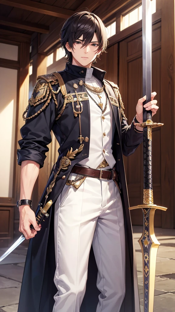 (Best Quality、High resolution、Image clarity:1.2)、 (male:1.2)、solo、maleフォーカス、Ultra-detailed backgrounds、Beautiful man standing with a sword、Traveler's Clothes、boots、ハンサムなmale、Powerful、(Strong eyes) 、Black Hair、 Hair Detail、Part your hair,Wide-open eyes、Beautiful Eyes、double eyelid、Double eyelids、Highest quality、high detail、Long Hair、Hair tied up、Pointy Head