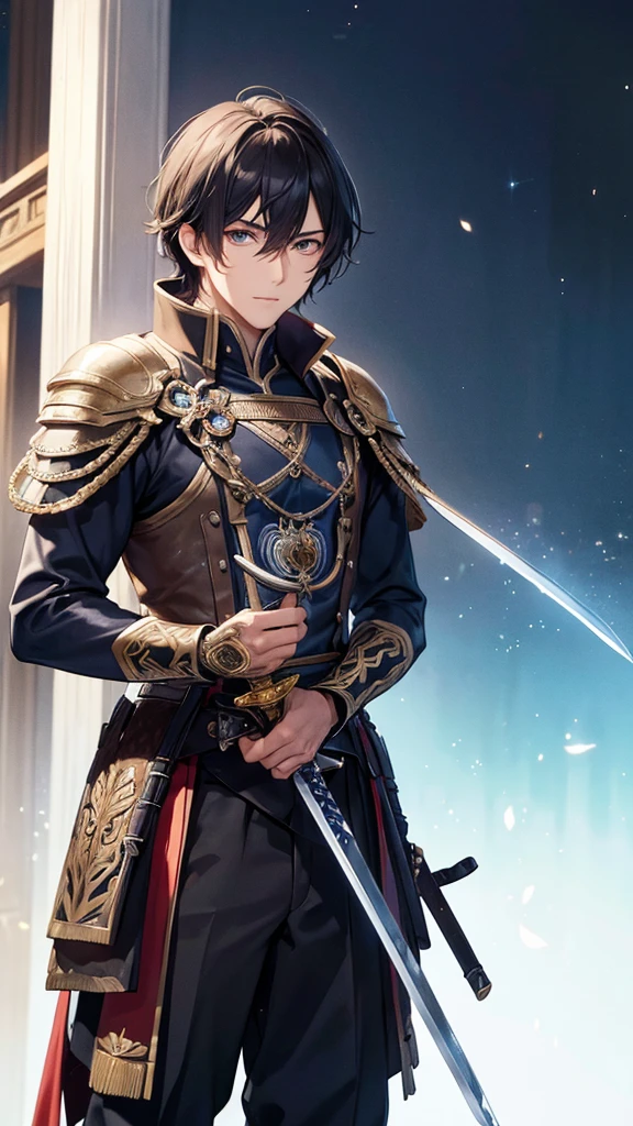 (Best Quality、High resolution、Image clarity:1.2)、 (male:1.2)、solo、maleフォーカス、Ultra-detailed backgrounds、Beautiful man standing with a sword、Traveler's Clothes、boots、ハンサムなmale、Powerful、(Strong eyes) 、Black Hair、 Hair Detail、Part your hair,Wide-open eyes、Beautiful Eyes、double eyelid、Double eyelids、Highest quality、high detail、Long Hair、Hair tied up、Pointy Head