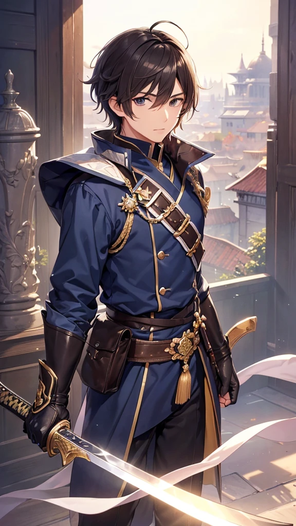 (Best Quality、High resolution、Image clarity:1.2)、 (male:1.2)、solo、maleフォーカス、Ultra-detailed backgrounds、Beautiful man standing with a sword、Traveler&#39;s Clothes、boots、ハンサムなmale、Powerful、(Strong eyes) 、Black Hair、 Hair Detail、Part your hair,Wide-open eyes、Beautiful Eyes、double eyelid、Double eyelids、Highest quality、high detail、Long Hair、Hair tied up、Pointy Head