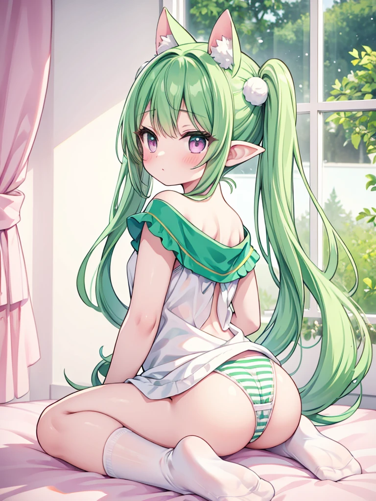 Green Hair,pigtails, super detailed、Naked、shot from behind、seiza、White and pink striped thai high socks、White panties、Changing clothes、In the middle of taking off my socks、elf ears