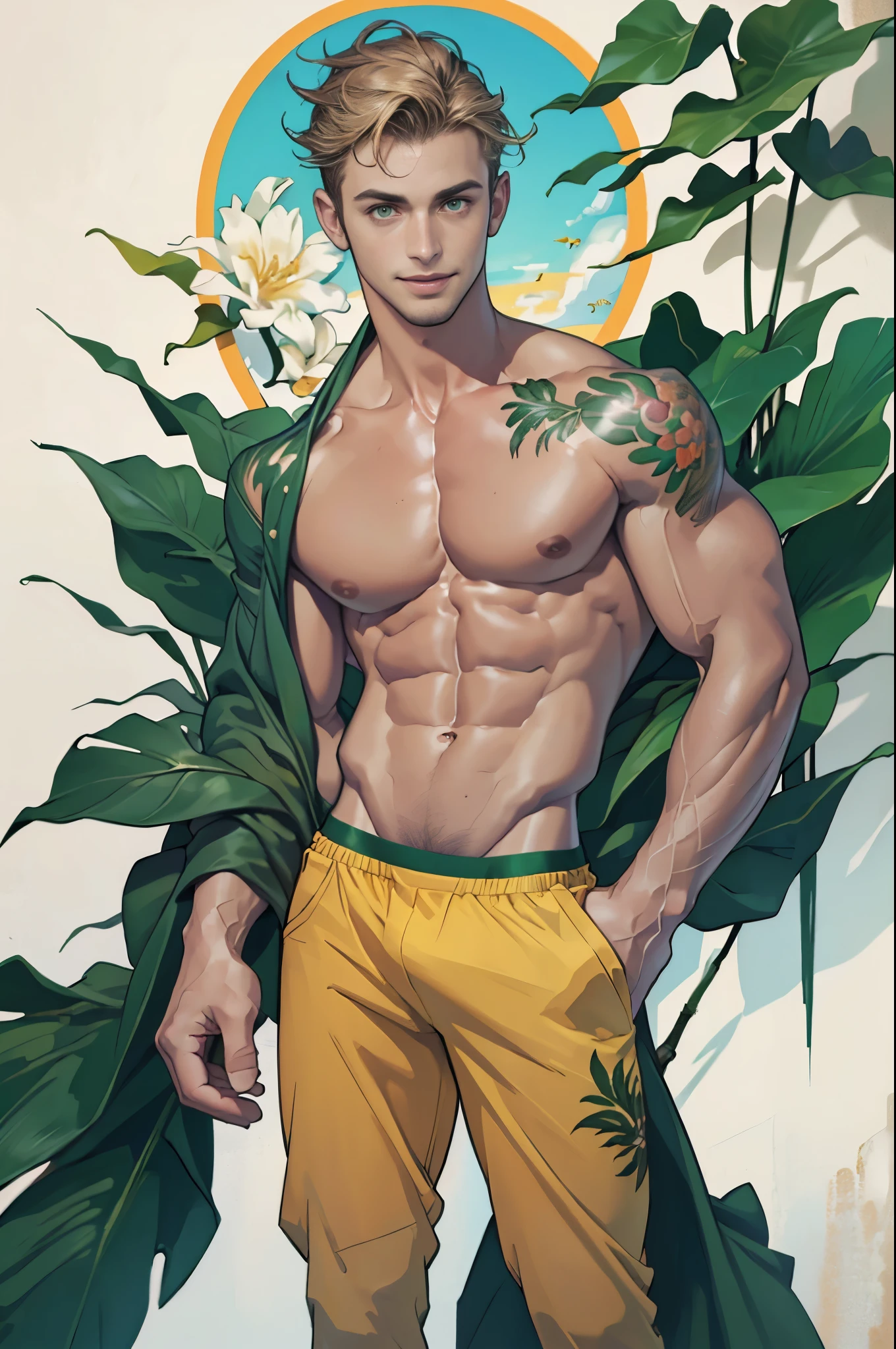 A handsome tall European man standing, He is 28 years old，Thin waist，The pectoral muscles are well developed, He is 175cm tall，Weight 62 kg、yellow-green eyes、brown hair color、short hair、Shirtless、underwear、looking into camera，Smile，Rainforest，Tropical plants，Many colorful tropical flowers，tattoo，accessories，looking into camera，Smile，nature style totem