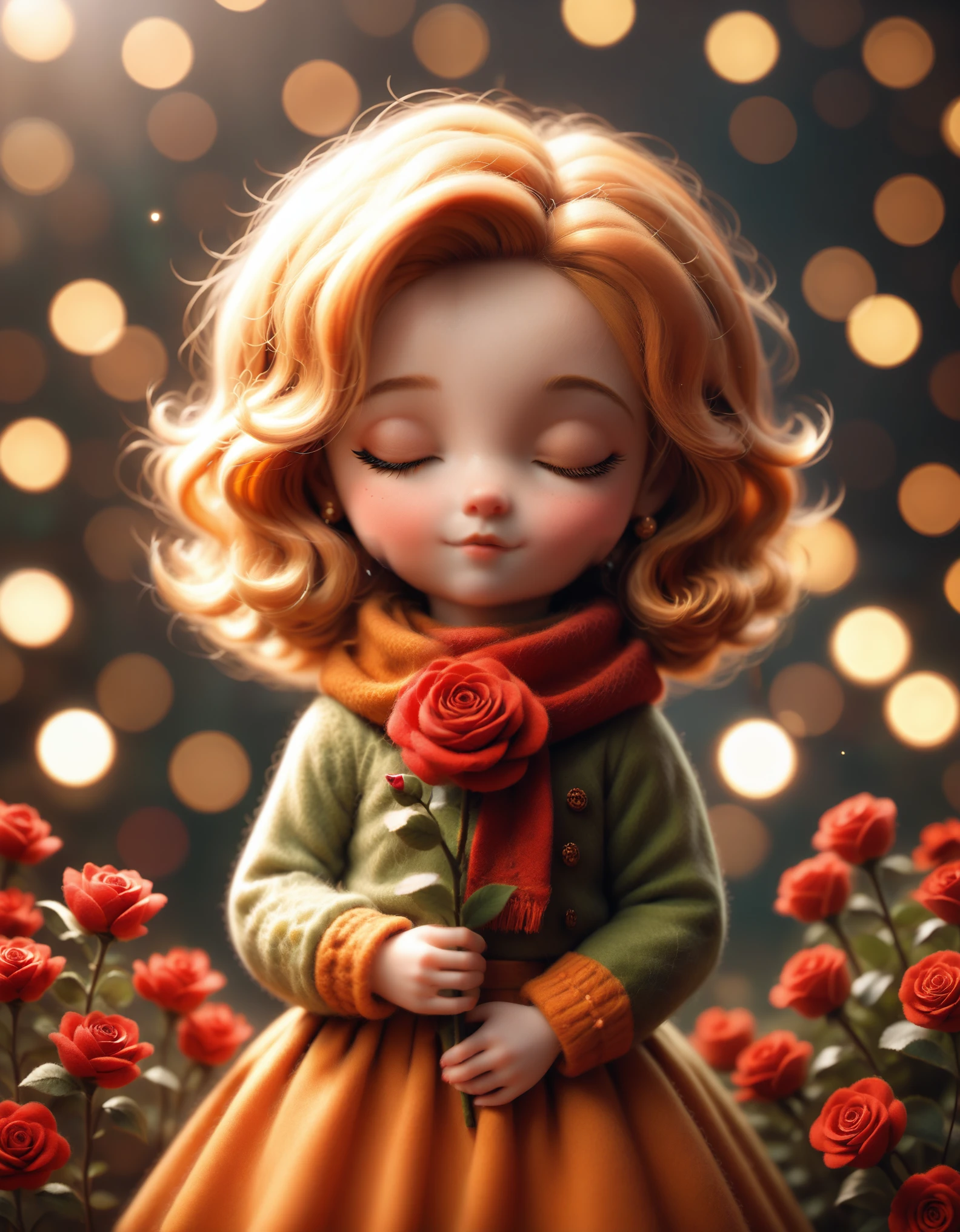 1girl,maozhan, felt style,the image showcases a whimsical doll with golden hair,closed eyes,and a scarf,seated on a spherical object. The doll holds a red rose and is surrounded by bokeh lights. The main colors are green,orange,and red., masterpiece, newest, absurdres,safe 