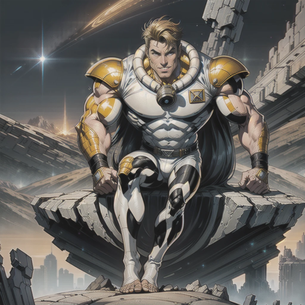 At the top of the mountain and on the edge of the cliff, a muscular man wearing a silver and yellow colored spacesuit holding dumbbells with his right hand, man looking and smiling at the camera, Beautiful feet, perfekt teeth, perfect toes, perfects eyes, showing the whole body. Under the cliff, Four spaceships slowly emerge from the ruins of a desolate city built in the desert, Going to the stars, cinematic lighting, melhorar, anáglifo, optical illusion, From above, atmospheric perspective, ultra HD, 8K.