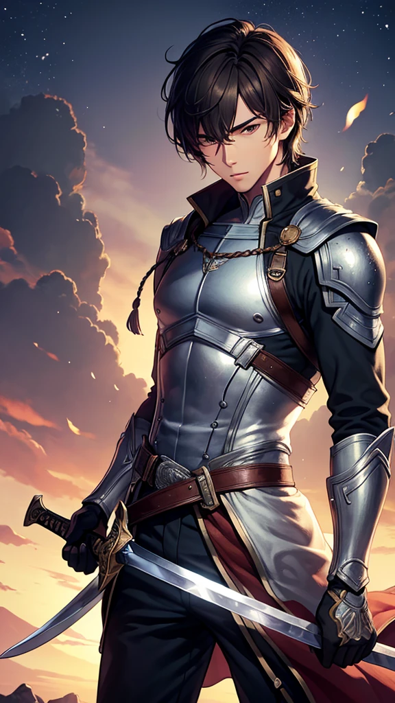 (Best Quality、High resolution、Image clarity:1.2)、 (male:1.2)、solo、maleフォーカス、Ultra-detailed backgrounds、Beautiful man standing with a sword、Traveler&#39;s Clothes、boots、ハンサムなmale、Powerful、(Strong eyes) 、Black Hair、 Hair Detail、Part your hair,Wide-open eyes、Beautiful Eyes、double eyelid、Double eyelids、Highest quality、high detail、Long Hair、Hair tied up、Pointy Head