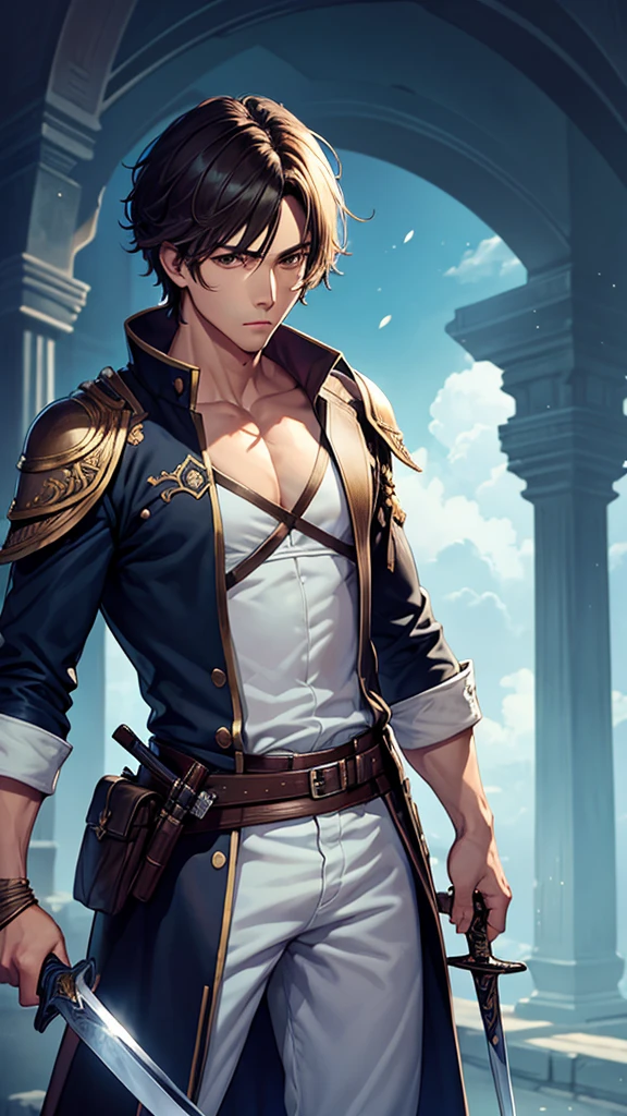 (Best Quality、High resolution、Image clarity:1.2)、 (male:1.2)、solo、maleフォーカス、Ultra-detailed backgrounds、Beautiful man standing with a sword、Traveler's Clothes、boots、ハンサムなmale、Powerful、(Strong eyes) 、Black Hair、 Hair Detail、Part your hair,Wide-open eyes、Beautiful Eyes、double eyelid、Double eyelids、Highest quality、high detail、Long Hair、Hair tied up、Pointy Head