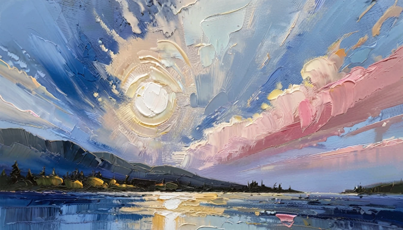 a thick textured oil painting, impasto brushstrokes, dry brushing,revealing underlayers, breathtaking composition, beautiful sunset glow, warm beautiful scene, moody lighting, dramatic shadows, muted earthy colors, vibrant colors, highly detailed, masterpiece, using a palette of light pink, muted blue, dark grayish blue, bright blue, blue shade of emotion, Ensure that the design elements are balanced and harmonious. sailboat,Perfect proportion,Sea surface,Blue sky,bright,White background,real,emotion,Thick textured paint,