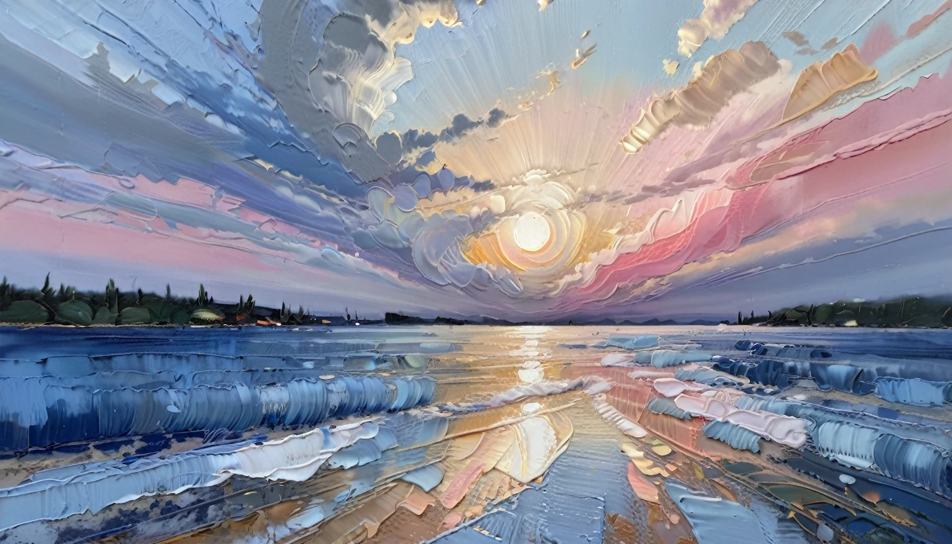 a thick textured oil painting, impasto brushstrokes, dry brushing,revealing underlayers, breathtaking composition, beautiful sunset glow, warm beautiful scene, moody lighting, dramatic shadows, muted earthy colors, vibrant colors, highly detailed, masterpiece, using a palette of light pink, muted blue, dark grayish blue, bright blue, blue shade of emotion, Ensure that the design elements are balanced and harmonious. sailboat,Perfect proportion,Sea surface,Blue sky,bright,White background,real,emotion,Thick textured paint,
