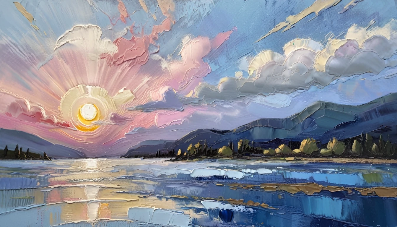 a thick textured oil painting, impasto brushstrokes, dry brushing,revealing underlayers, breathtaking composition, beautiful sunset glow, warm beautiful scene, moody lighting, dramatic shadows, muted earthy colors, vibrant colors, highly detailed, masterpiece, using a palette of light pink, muted blue, dark grayish blue, bright blue, blue shade of emotion, Ensure that the design elements are balanced and harmonious. sailboat,Perfect proportion,Sea surface,Blue sky,bright,White background,real,emotion,Thick textured paint,