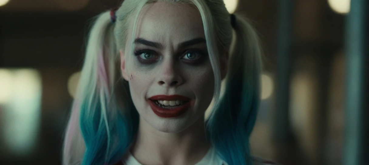 cinematic shot from the film
(movie yet) from "Suicide Squad" , (extremely complex:1.3), (realistic), Portrait of a girl, the most beautiful in the world, Margot Robbie as Harley Quinn, multicolored hair, braids, Blue eyes, baseball bat, teeth, (detailed face, detailed eyes, Clean skin, clear eyes), photorealistic, award-winning, professional photo of a stunning woman in detail, sharp focus, Dramatic, award-winning, Cinematic lighting, dtx volumetrics
