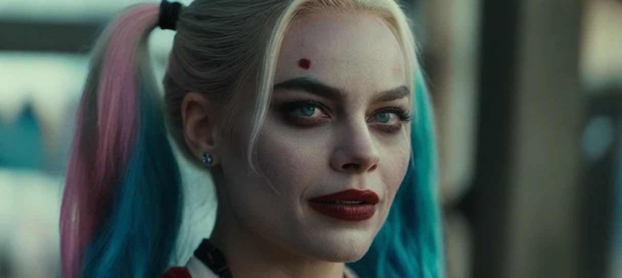 cinematic shot from the film
(movie yet) from "Suicide Squad" , (extremely complex:1.3), (realistic), Portrait of a girl, the most beautiful in the world, Margot Robbie as Harley Quinn, multicolored hair, braids, Blue eyes, baseball bat, teeth, (detailed face, detailed eyes, Clean skin, clear eyes), photorealistic, award-winning, professional photo of a stunning woman in detail, sharp focus, Dramatic, award-winning, Cinematic lighting, dtx volumetrics