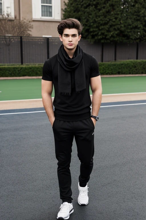 a young adult (man) 21 year old short wavy hair dark clothing with a black scarf white tennis shoes with black