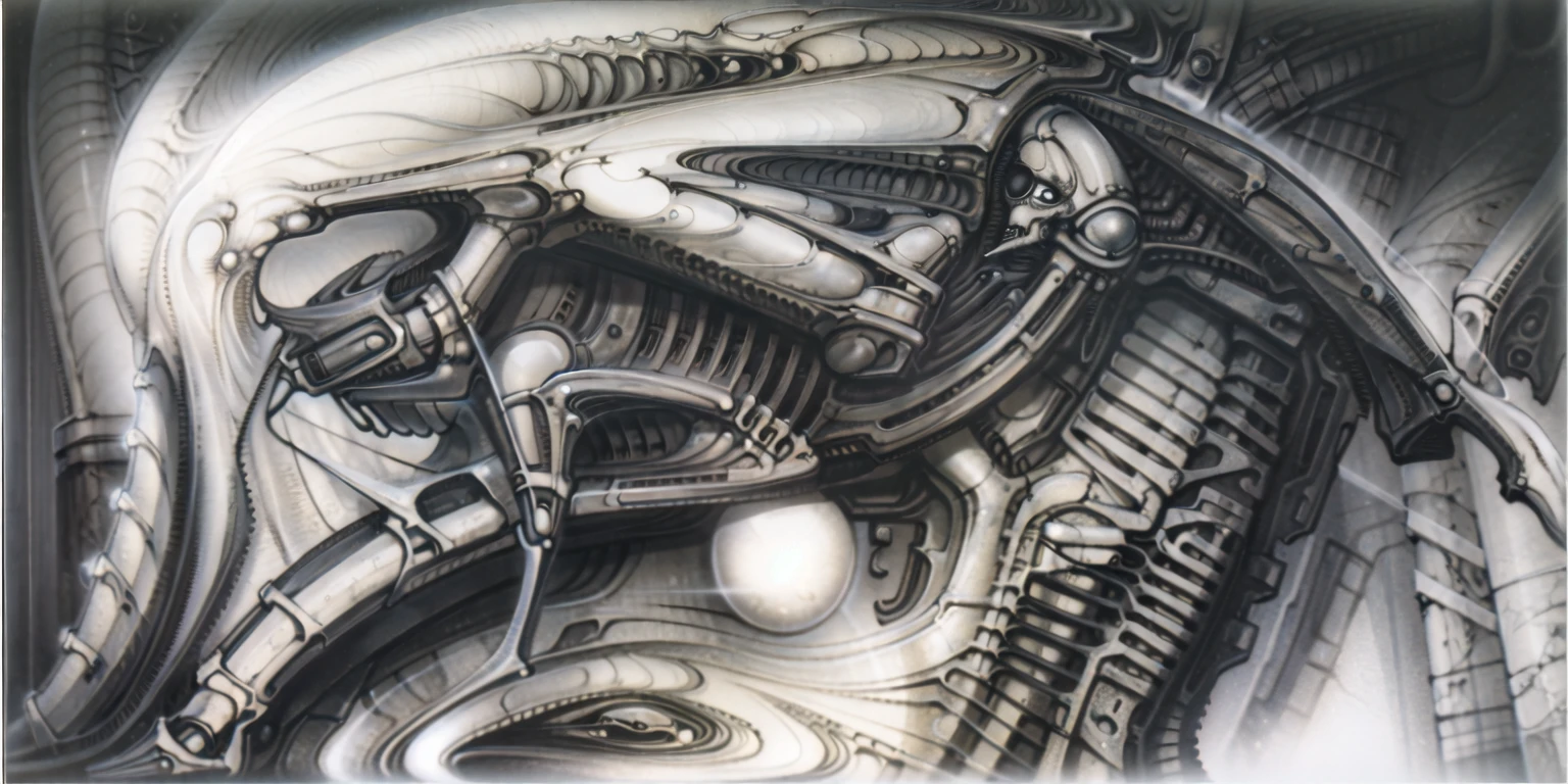 g1g3r, The image is a detailed view of H.R. Giger's \" Biomechanical Landscape No II \" plate, featuring a complex network of bones and organs in a purple-brown hue ,swirling gray and brown colors. The artwork is silver and purplish brown, with an ivory bones prominently displayed. The image is highly detailed and intricate, almost like a 3d version of a medical diagram (detailed view of an anatomy model, possibly of a human body, with transparent organs and bones exposed). The piece has a thick mechano-organic texture and is covered in fine details. The image has a swirling, organic quality to it. The artistic manner would be unmistakably Gigeresque. A dark and unsettling beauty would permeate the piece, blurring the lines between fascination and repulsion , forever haunted by the grotesque allure. Giger's signature artistic manner would be evident in every stroke. The airbrush would be wielded with masterful precision to create a hyperrealistic yet nightmarish aesthetic.
The texture of ivory with signs of burning and fossilization can be seen in the mix of smooth and rough brushstrokes. By Peter mohrbacher, ooze soaked pajama top