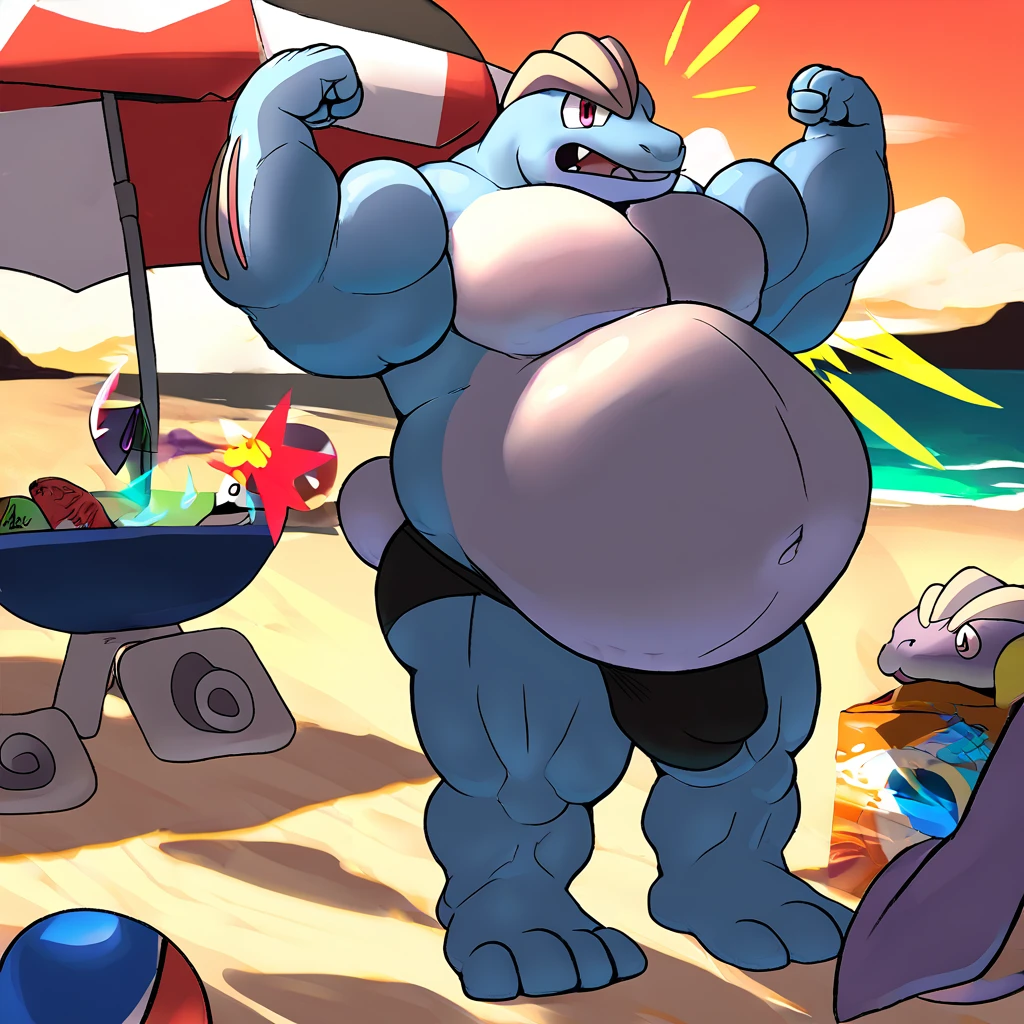 score_9_up, solo, male Machoke, anthro, male, pokemon, pokemon \(species\), generation 1 pokemon, shirtless, black speedo, arms behind head, proud, beach, workout magazine cover, inflating, blimpbelly