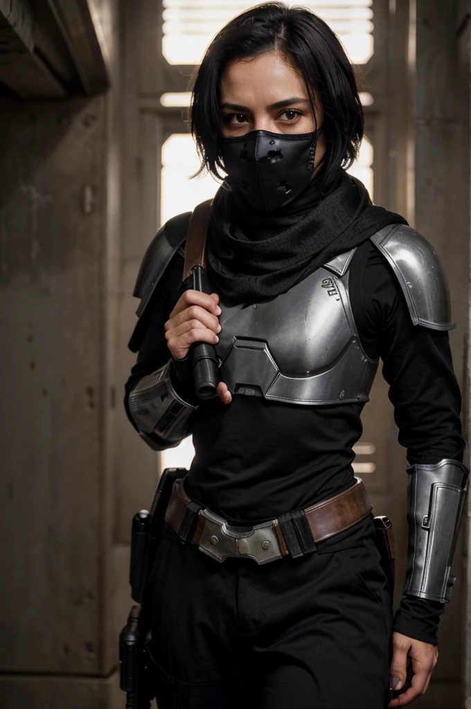 Male adult star wars bounty hunter, Short black hair, light black armored clothes, brown eyes, black scarf covering mouth and nose, 40 years old, 2 holdered blasters on the hip, middle aged