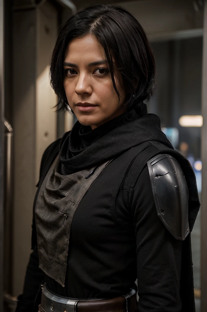 Male adult star wars bounty hunter, Short black hair, light black armored clothes, brown eyes, black scarf covering mouth and nose, 40 years old, 2 holdered blasters on the hip, middle aged