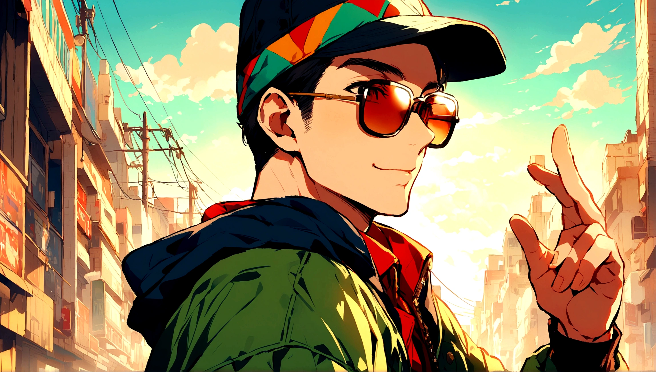 アニメ, Man in cap and sunglasses.