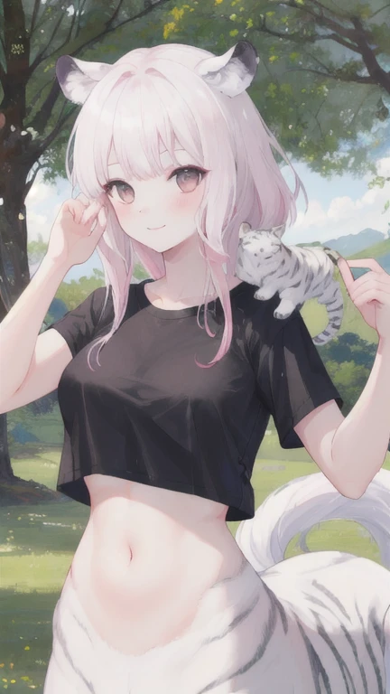 (best quality, masterpiece), 1 girl, centaur, It takes, White skin, Korean ,black pink,Smiling, exposing the abdomen, belly button t-shirt , 아름다운 소녀 Perfect wild white tiger photo, Perfect wild white tiger photo