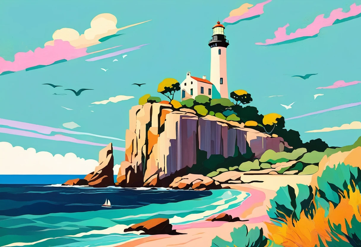 a thick textured oil painting, impasto brushstrokes, dry brushing,revealing underlayers, breathtaking composition, Create an art deco inspired illustration of A scenic lighthouse perched on a rocky coastline, overlooking the turquoise waters of Cala Ratjada. Include vibrant pastel colors, sleek lines, and a retro summer atmosphere. The style should be reminiscent of vintage travel posters with a modern twist, a thick textured oil painting, impasto brushstrokes, dry brushing,revealing underlayers, breathtaking composition