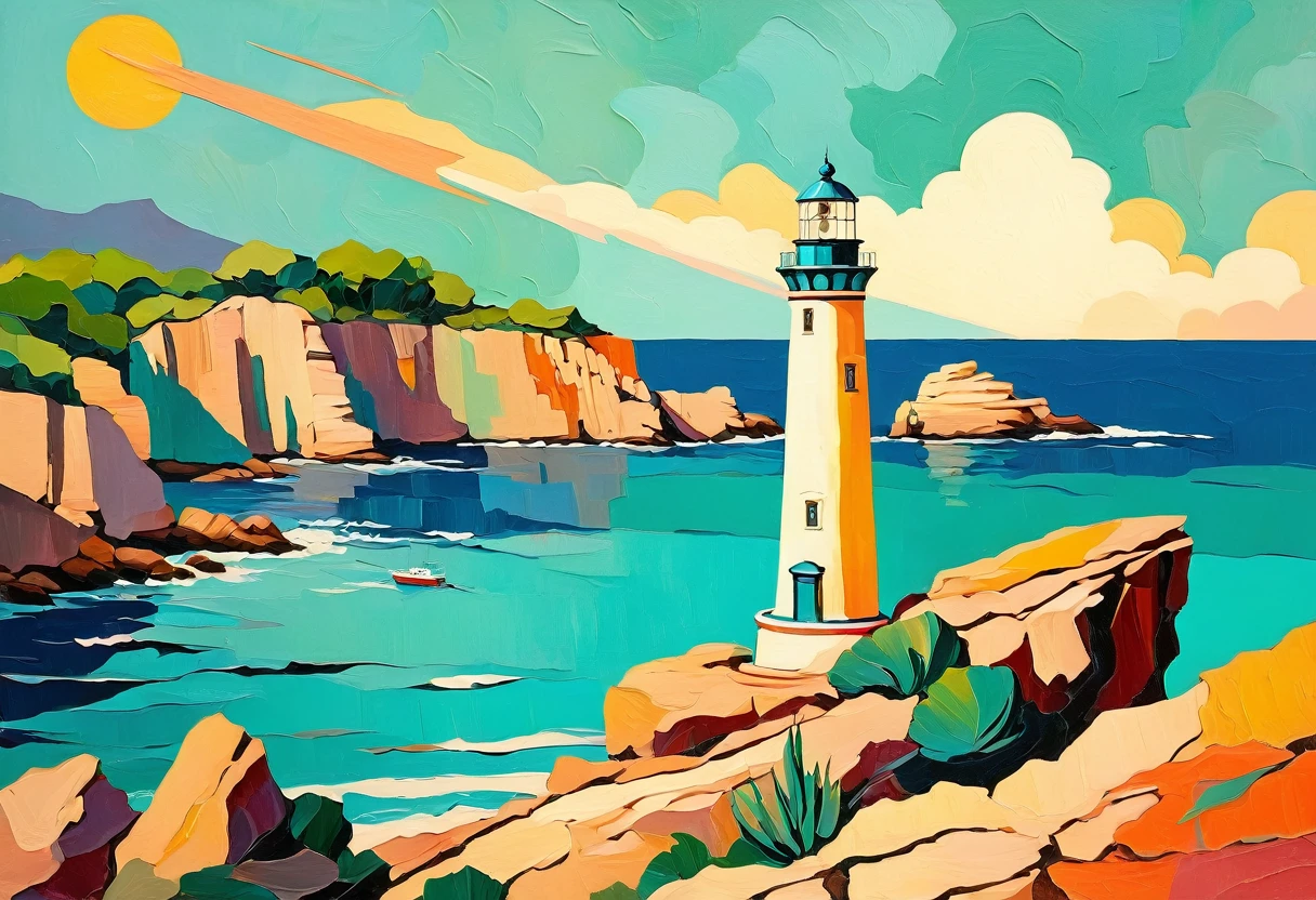 a thick textured oil painting, impasto brushstrokes, dry brushing,revealing underlayers, breathtaking composition, Create an art deco inspired illustration of A scenic lighthouse perched on a rocky coastline, overlooking the turquoise waters of Cala Ratjada. Include vibrant pastel colors, sleek lines, and a retro summer atmosphere. The style should be reminiscent of vintage travel posters with a modern twist, a thick textured oil painting, impasto brushstrokes, dry brushing,revealing underlayers, breathtaking composition