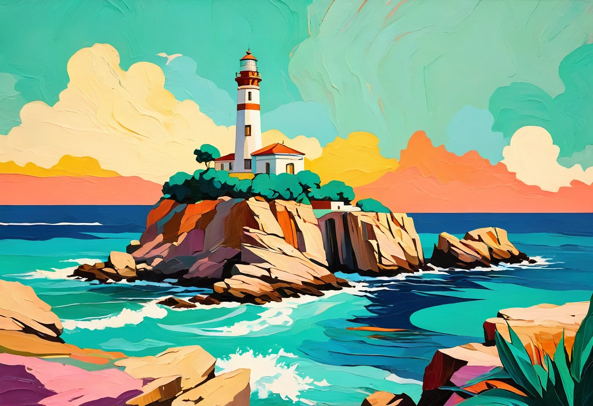 a thick textured oil painting, impasto brushstrokes, dry brushing,revealing underlayers, breathtaking composition, Create an art deco inspired illustration of A scenic lighthouse perched on a rocky coastline, overlooking the turquoise waters of Cala Ratjada. Include vibrant pastel colors, sleek lines, and a retro summer atmosphere. The style should be reminiscent of vintage travel posters with a modern twist, a thick textured oil painting, impasto brushstrokes, dry brushing,revealing underlayers, breathtaking composition